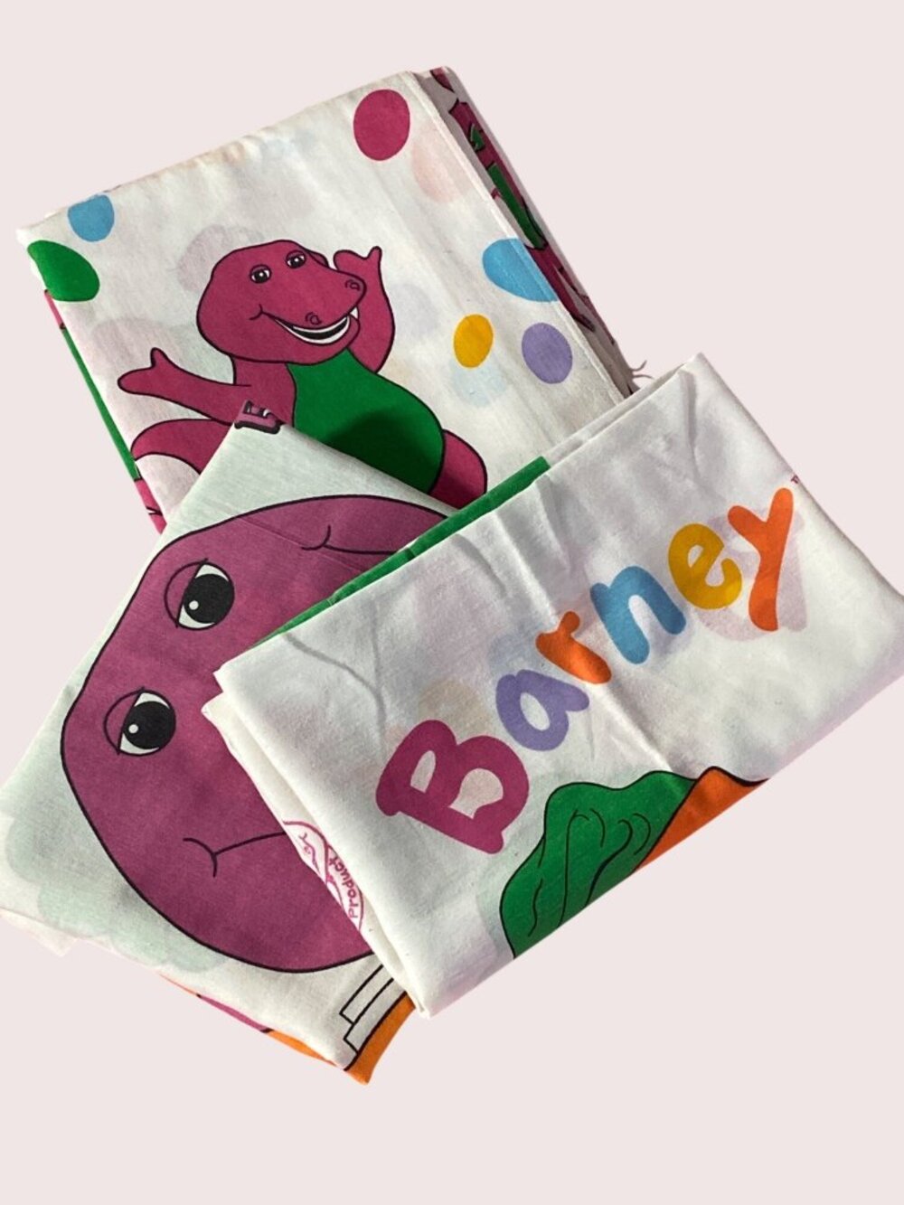 VTG  Barney Flat Bed Sheet Twin Standard Pillowcase 1992 Purple Dinosaur